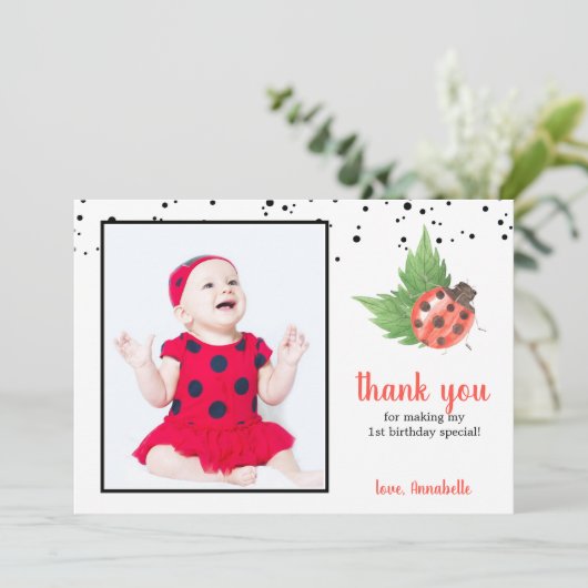 Cute Waterverf Ladybug 1st Birthday Bedankkaart (Staand voorkant)