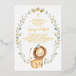 Cute Waterverf Lion Prince Baby Boy Bautizo Folie Uitnodiging