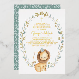 Cute Waterverf Lion Prince Baby Boy Christening Folie Uitnodiging