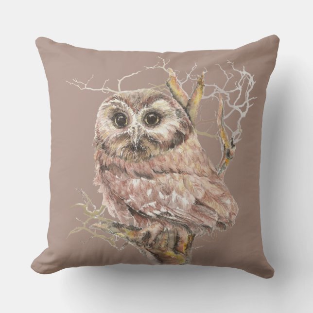 Cute Waterverf Little Owl Bird Natuur Art Buitenkussen (Voorkant)