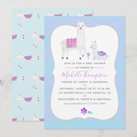 Cute Waterverf Llama - Baby shower Uitnodigen Kaart (Voorkant / Achterkant)