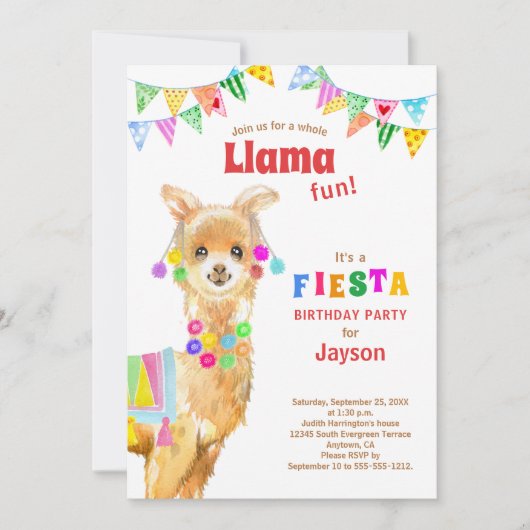 Cute Waterverf Llama Birthday Fiesta Kaart (Voorkant)