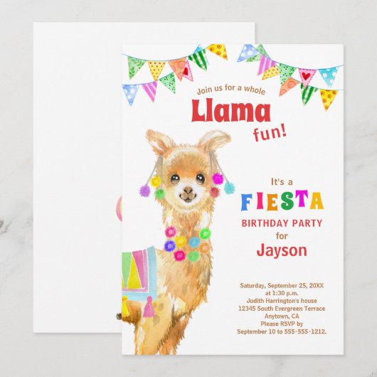 Cute Waterverf Llama Birthday Fiesta Kaart (Voorkant / Achterkant)