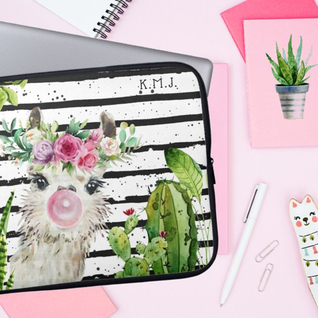 Cute Waterverf Llama | Floral Cactus & Stripes Laptop Sleeve (Creator heeft geüpload)