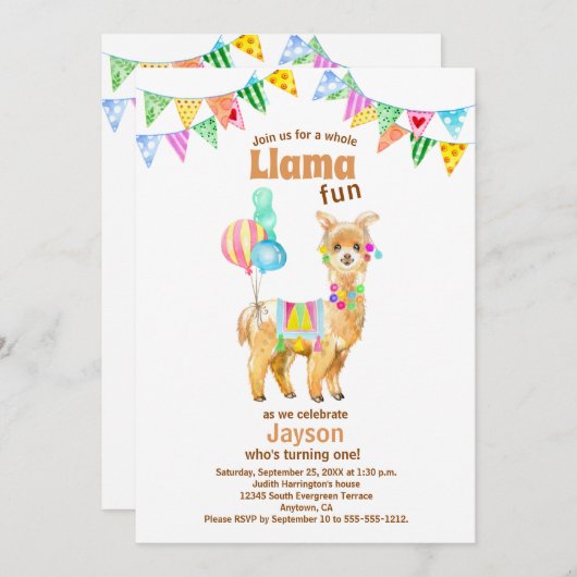 Cute Waterverf Llama Fun 1e verjaardag Uitnodiging (Voorkant / Achterkant)
