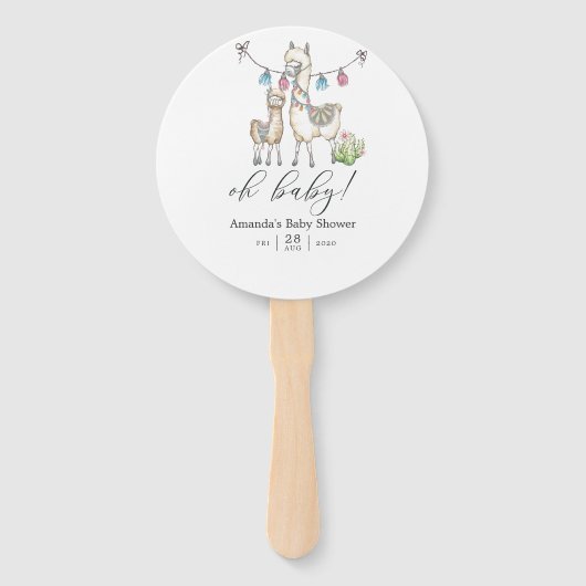 Cute Waterverf Llama met het thema Baby shower Handwaaier (Voorkant)