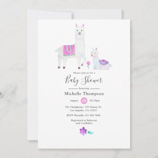 Cute Waterverf Llama met het thema Baby shower Kaart (Voorkant)