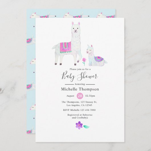Cute Waterverf Llama met het thema Baby shower Kaart (Voorkant / Achterkant)
