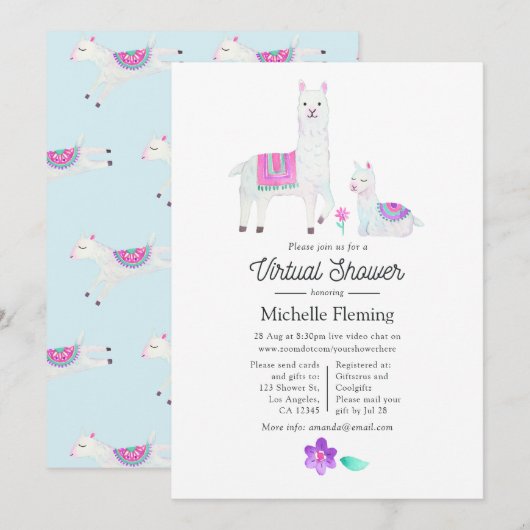 Cute Waterverf Llama - thema Virtueel Baby shower Kaart (Voorkant / Achterkant)