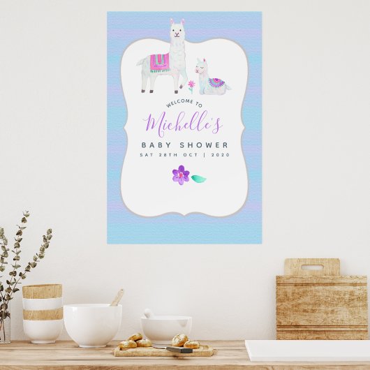 Cute Waterverf Llama themed Baby shower Welcome Poster (Keuken)