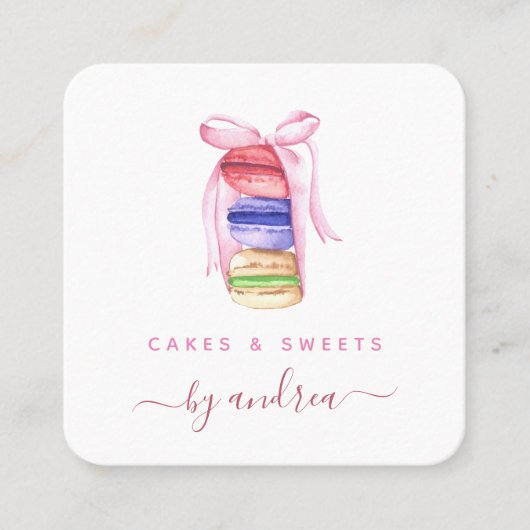 Cute Waterverf Macarons & roze lint QR Code Squ Vierkante Visitekaartje (Voorkant)