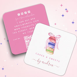 Cute Waterverf Macarons & roze lint QR Code Squ Vierkante Visitekaartje