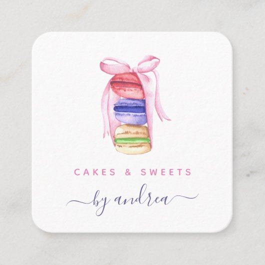 Cute Waterverf Macarons & Roze QR-code Vierkante Visitekaartje (Voorkant)