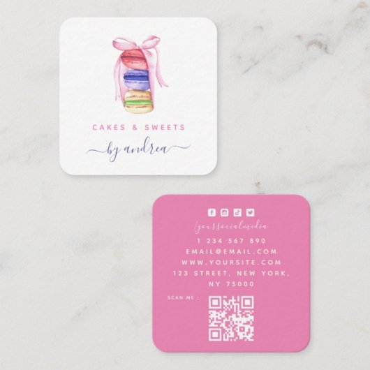 Cute Waterverf Macarons & Roze QR-code Vierkante Visitekaartje (Voorkant / Achterkant)
