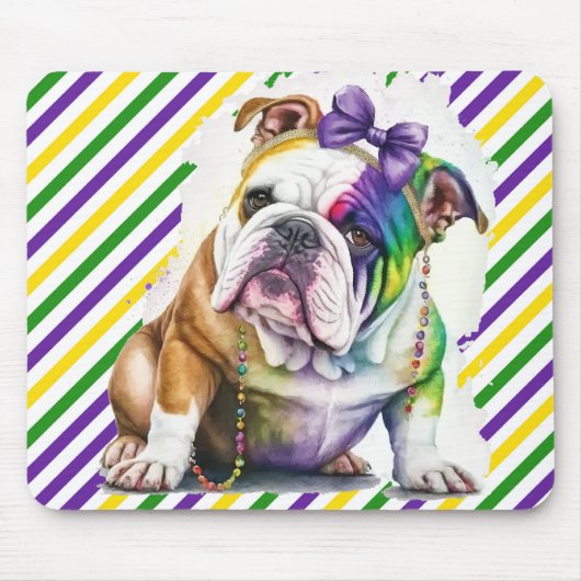 CUTE WATERVERF MARDI GRAS BULLDOG DOG MUISMAT (Voorkant)