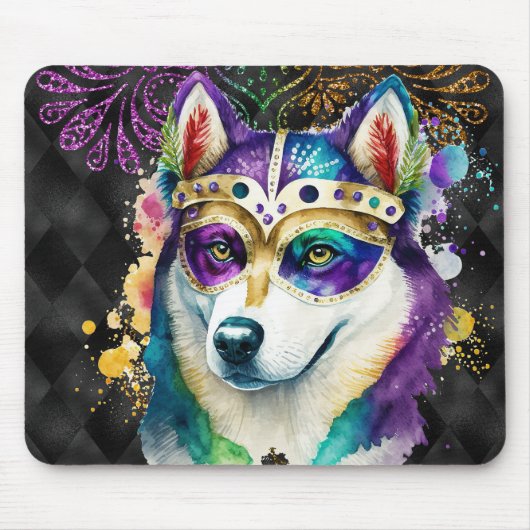 CUTE WATERVERF MARDI GRAS SIBERIAN HUSKY DOG MUISMAT (Voorkant)