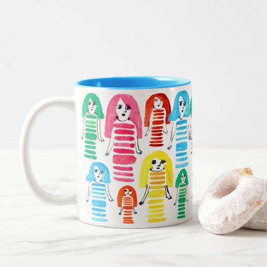 Cute waterverf meisjes funky moderne kunst tweekleurige koffiemok (Met donut)