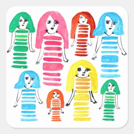 Cute waterverf meisjes funky moderne kunst vierkante sticker (Voorkant)