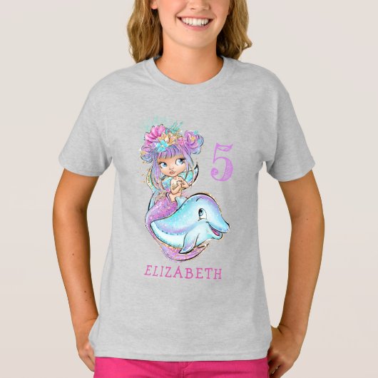 Cute Waterverf Mermaid met Dolphin Birthday T-shirt (Voorkant)