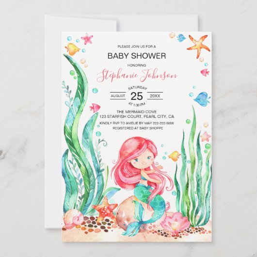 Cute Waterverf Mermaid under the Zee Baby shower Kaart (Voorkant)