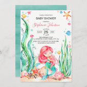 Cute Waterverf Mermaid under the Zee Baby shower Kaart (Voorkant / Achterkant)