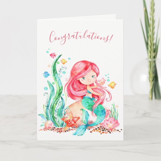 Cute Waterverf Mermaid under the Zee Baby shower Kaart (Voorkant)