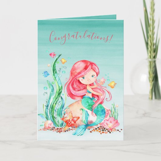 Cute Waterverf Mermaid under the Zee Baby shower Kaart (Voorkant)