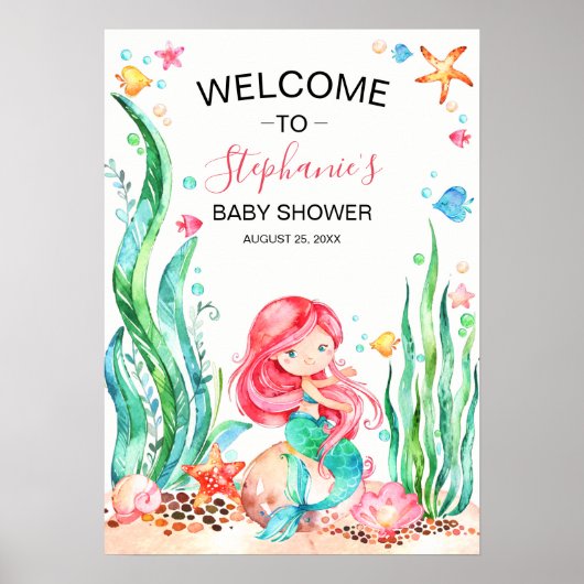Cute Waterverf Mermaid under the Zee Baby shower Poster (Voorkant)