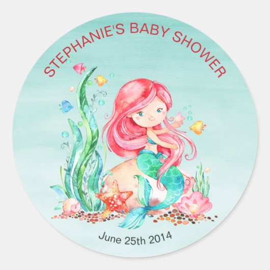 Cute Waterverf Mermaid under the Zee Baby shower Ronde Sticker (Voorkant)