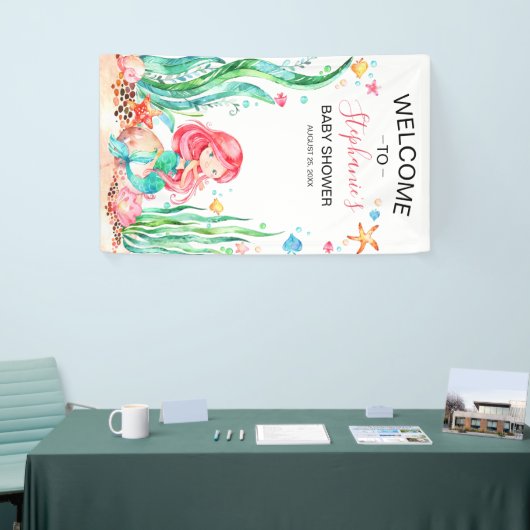 Cute Waterverf Mermaid under the Zee Baby shower Spandoek (Beurs)