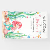 Cute Waterverf Mermaid under the Zee Baby shower Spandoek (Horizontaal)