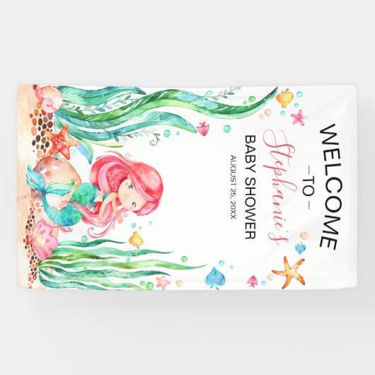 Cute Waterverf Mermaid under the Zee Baby shower Spandoek (Horizontaal)