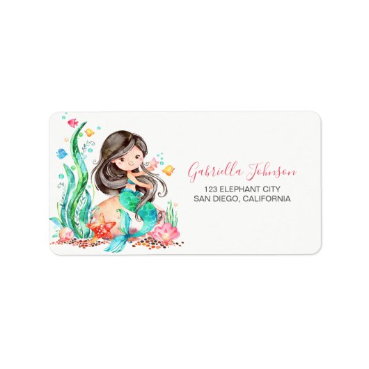 Cute Waterverf Mermaid under the Zee Birthday Etiket (Voorkant)