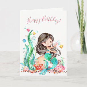 Cute Waterverf Mermaid under the Zee Birthday Kaart