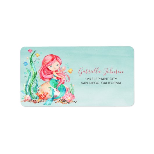Cute Waterverf Mermaid under the Zee Birthday Lab Etiket (Voorkant)