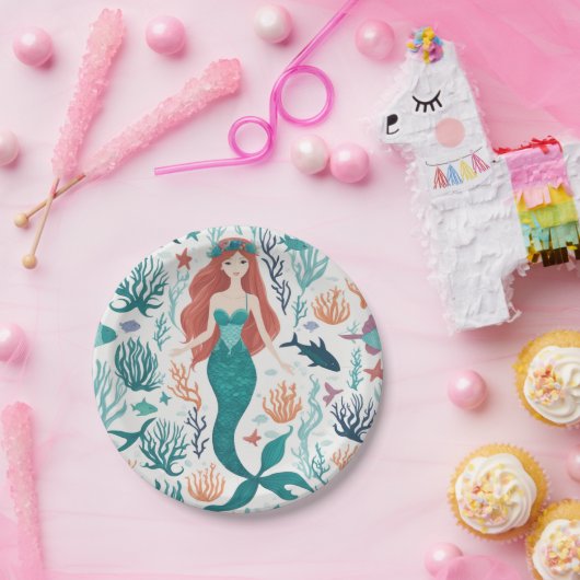 Cute Waterverf Mermaid under the Zee Birthday Papieren Bordje (Feest)