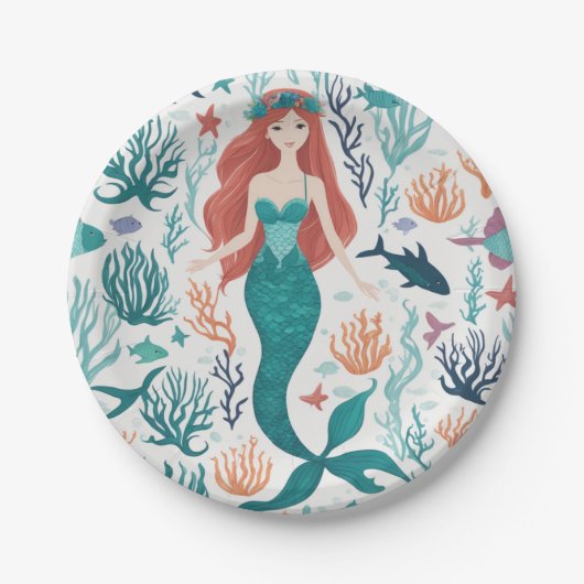 Cute Waterverf Mermaid under the Zee Birthday Papieren Bordje (Voorkant)