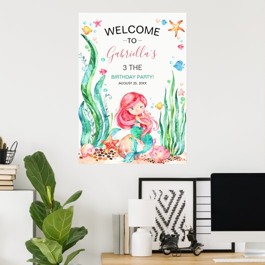 Cute Waterverf Mermaid under the Zee Birthday Pos Poster (Thuiskantoor)