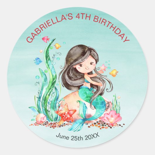 Cute Waterverf Mermaid under the Zee Birthday Ronde Sticker (Voorkant)
