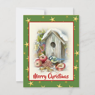 Cute Waterverf Merry Kerstbird Snow Stars Feestdagenkaart