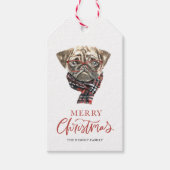 Cute Waterverf Nerdy Pug Merry Kerstmis Cadeaulabel (Voorkant)