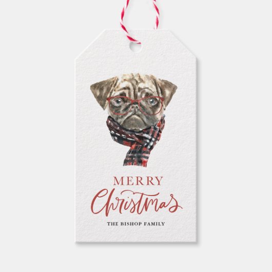 Cute Waterverf Nerdy Pug Merry Kerstmis Cadeaulabel (Voorkant)
