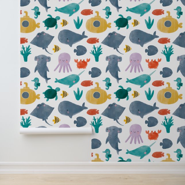 Cute Waterverf Ocean Animals Patroon Behang (Applicatie)
