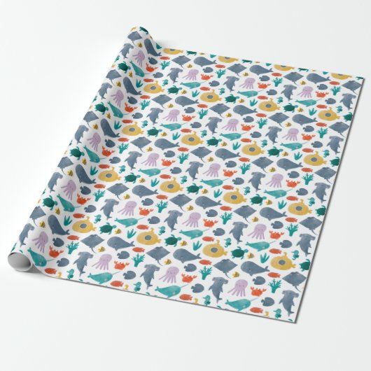 Cute Waterverf Ocean Animals Patroon Cadeaupapier (Uitgerold)