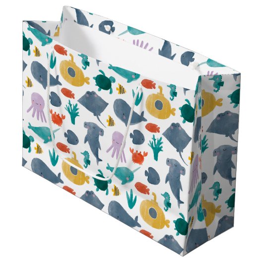 Cute Waterverf Ocean Animals Patroon Groot Cadeauzakje (Voorkant Gekanteld)