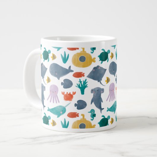 Cute Waterverf Ocean Animals Patroon Grote Koffiekop (Links)