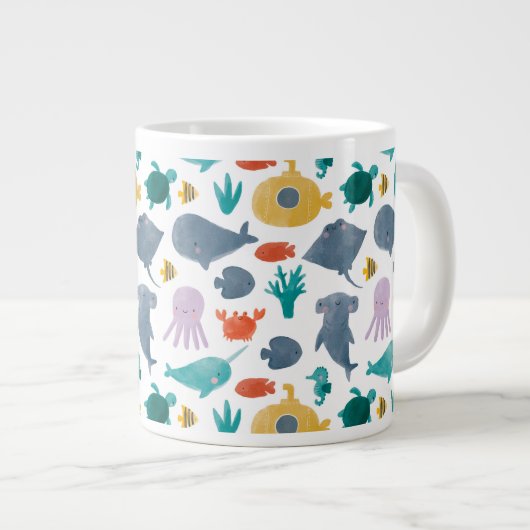 Cute Waterverf Ocean Animals Patroon Grote Koffiekop (Voorkant rechts)