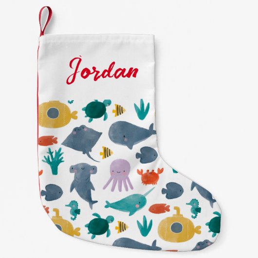 Cute Waterverf Ocean Animals Patroon Kleine Kerstsok (Voorkant)