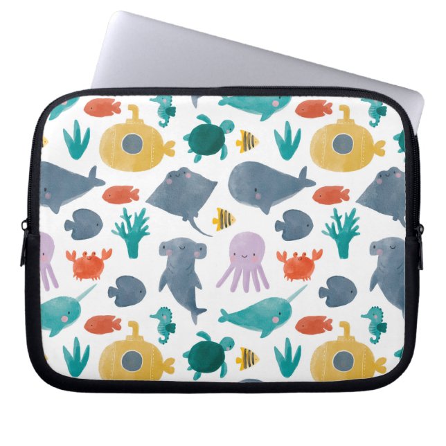 Cute Waterverf Ocean Animals Patroon Laptop Sleeve (Voorkant)