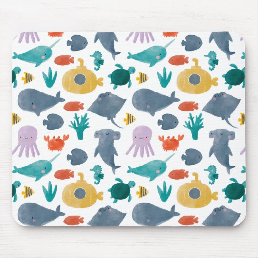 Cute Waterverf Ocean Animals Patroon Muismat (Voorkant)